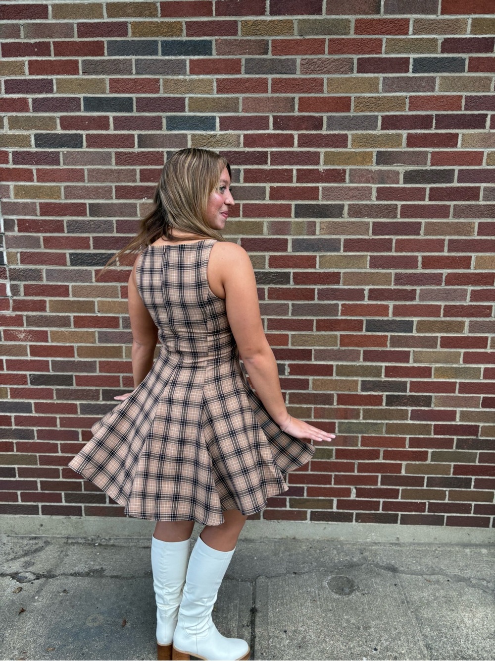 Women’s Plaid Fit-and-Flare Dress in Beige and Black